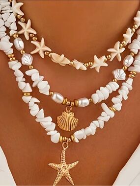 3 pc set Shell & Starfish Layered Necklace Set - Gold and White